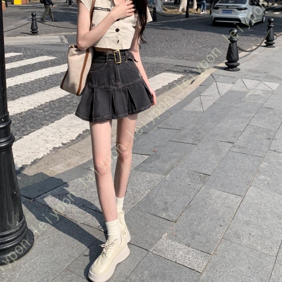 レディース デニムスカート ミニ丈 インナーパンツ付 夏 膝上 プリーツスカート デニム 無地 ハイウエスト シンプル フレアスカート 台形スカート aライン |  | 08