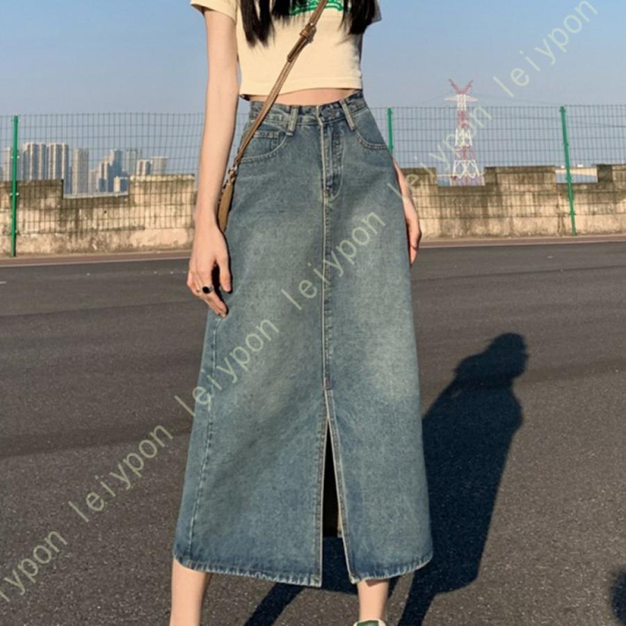 スリット ロング デニム スカート | レディース ロングスカート タイトスカート タイト 美脚 黒 ミモレ ミモレ丈 膝丈 ひざ丈 ポケット付き ハイウエスト | 