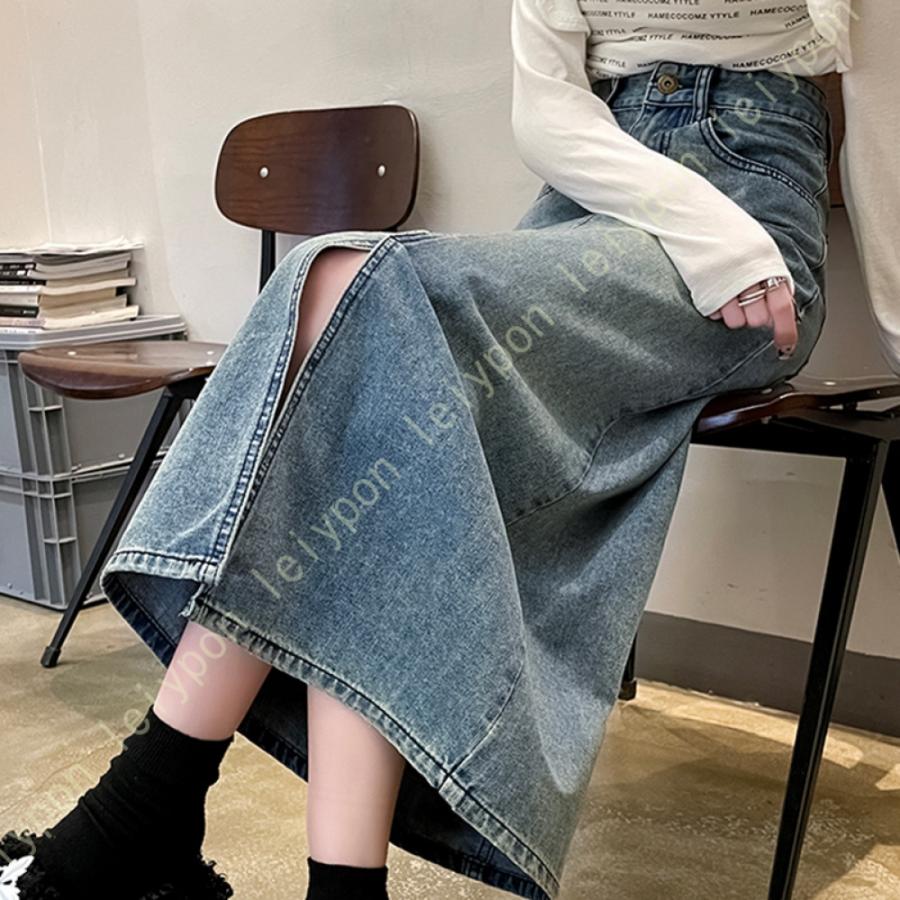 デニムスカート スカート ロングスカート タイト ロング丈 ポケット付き 無地 ゆったり 通学通勤 シンプル スリット入り Aライン レディース ハイウエスト | 