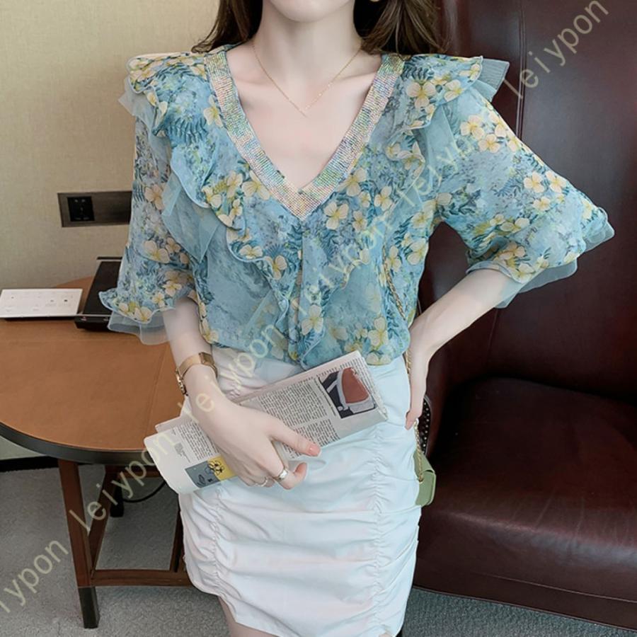 ブラウス レディース シャツ シフォン 半袖 キャザー ボリュームスリーブ Vネック ゆったり 大人 トップス きれいめ 花柄 普段着 カジュアル オフィス 夏 | 