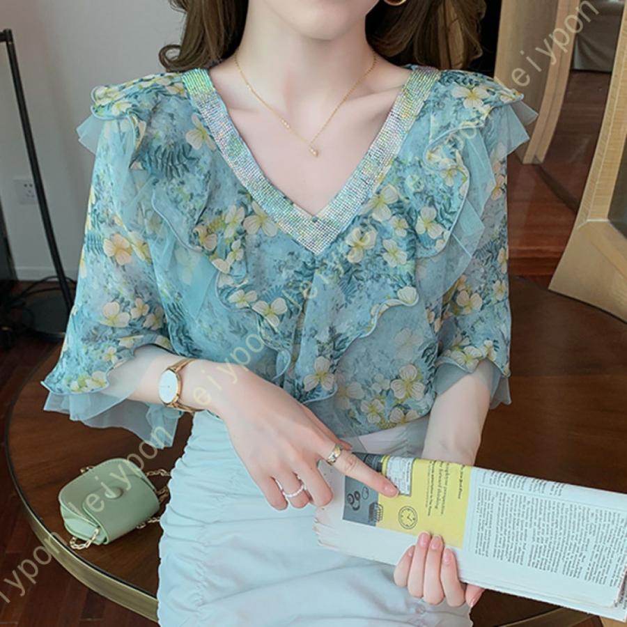 ブラウス レディース シャツ シフォン 半袖 キャザー ボリュームスリーブ Vネック ゆったり 大人 トップス きれいめ 花柄 普段着 カジュアル オフィス 夏 |  | 03