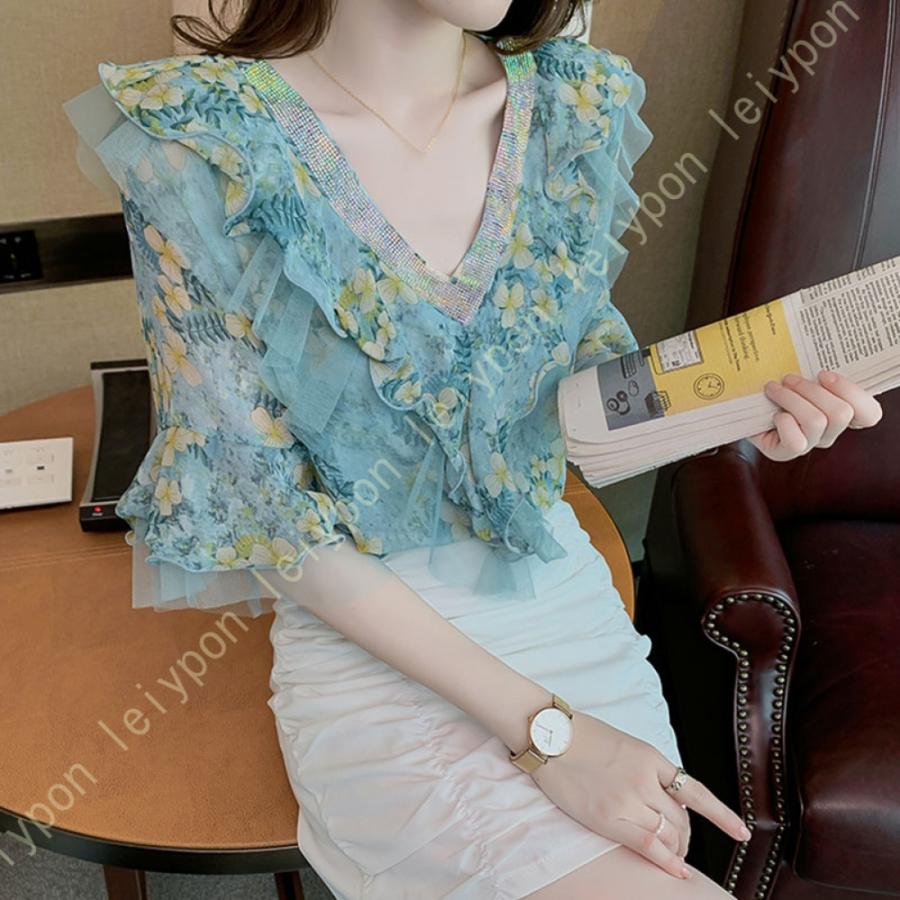 ブラウス レディース シャツ シフォン 半袖 キャザー ボリュームスリーブ Vネック ゆったり 大人 トップス きれいめ 花柄 普段着 カジュアル オフィス 夏 |  | 14