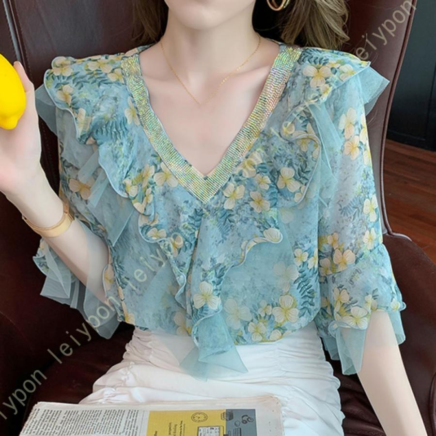 ブラウス レディース シャツ シフォン 半袖 キャザー ボリュームスリーブ Vネック ゆったり 大人 トップス きれいめ 花柄 普段着 カジュアル オフィス 夏 |  | 15