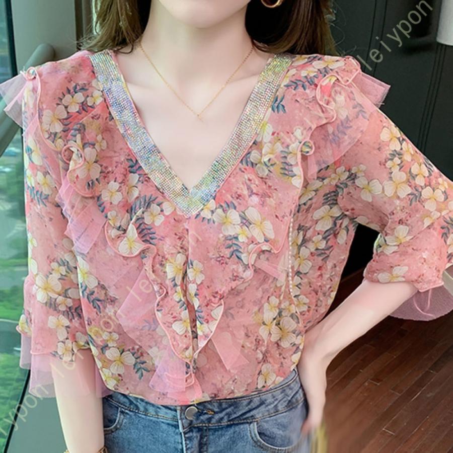 ブラウス レディース シャツ シフォン 半袖 キャザー ボリュームスリーブ Vネック ゆったり 大人 トップス きれいめ 花柄 普段着 カジュアル オフィス 夏 |  | 04