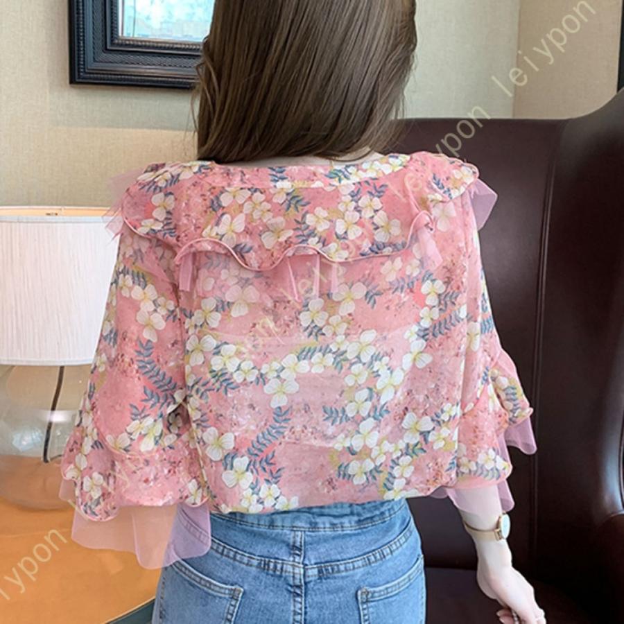 ブラウス レディース シャツ シフォン 半袖 キャザー ボリュームスリーブ Vネック ゆったり 大人 トップス きれいめ 花柄 普段着 カジュアル オフィス 夏 |  | 06