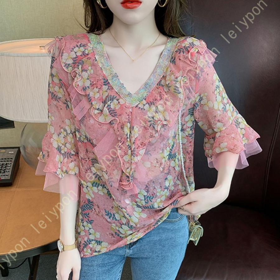 ブラウス レディース シャツ シフォン 半袖 キャザー ボリュームスリーブ Vネック ゆったり 大人 トップス きれいめ 花柄 普段着 カジュアル オフィス 夏 |  | 07