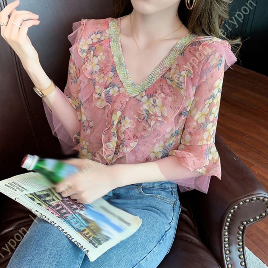 ブラウス レディース シャツ シフォン 半袖 キャザー ボリュームスリーブ Vネック ゆったり 大人 トップス きれいめ 花柄 普段着 カジュアル オフィス 夏 |  | 08