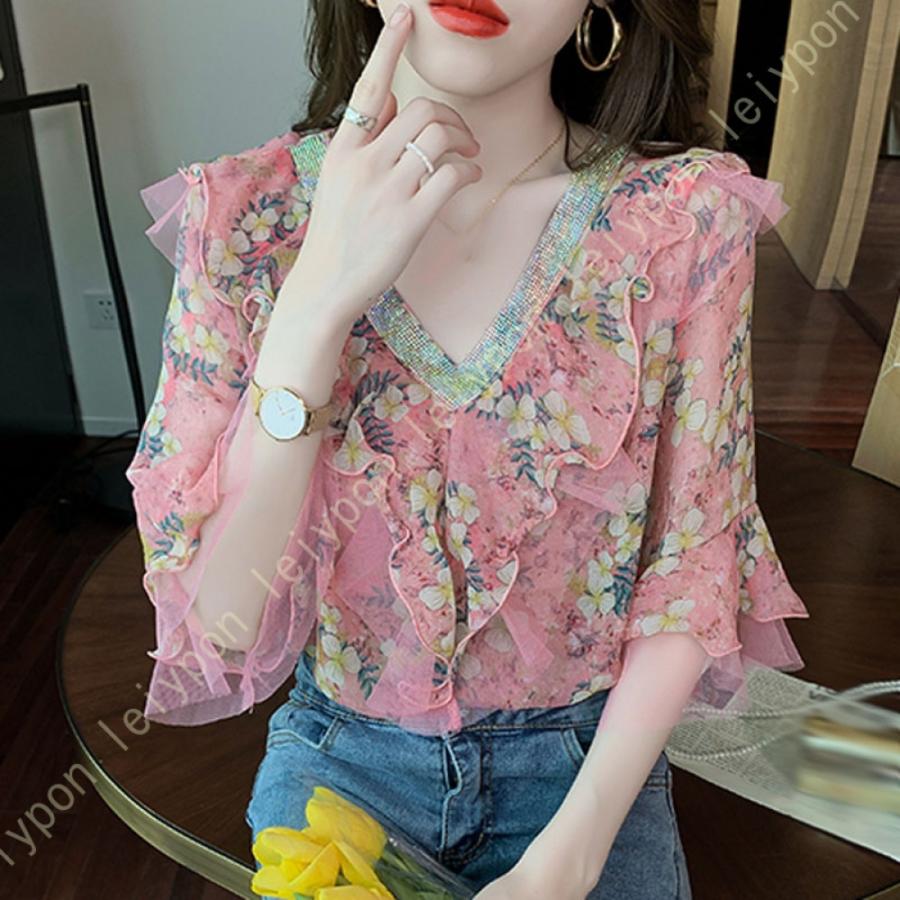 ブラウス レディース シャツ シフォン 半袖 キャザー ボリュームスリーブ Vネック ゆったり 大人 トップス きれいめ 花柄 普段着 カジュアル オフィス 夏 |  | 10