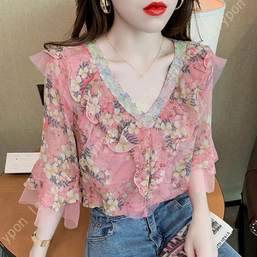 ブラウス レディース シャツ シフォン 半袖 キャザー ボリュームスリーブ Vネック ゆったり 大人 トップス きれいめ 花柄 普段着 カジュアル オフィス 夏 |  | 11