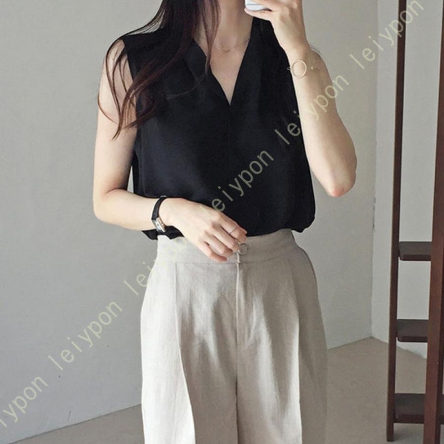 シフォン タンクトップ レディース スリム ノースリーブ ブラウス Vネック ファッション カットソー 袖なし フェミニン きれいめ トップス フォーマル 発表会