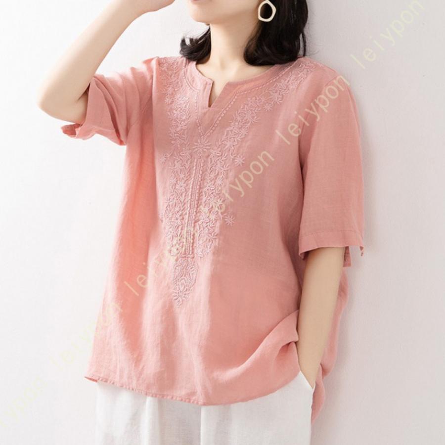 トップス レディース 半袖 Vネック ブラウス 綿麻 ゆったり Tシャツ 大きいサイズ カジュアル 花柄 夏服 プルオーバー チュニック 上着 シンプル お洒落 | 