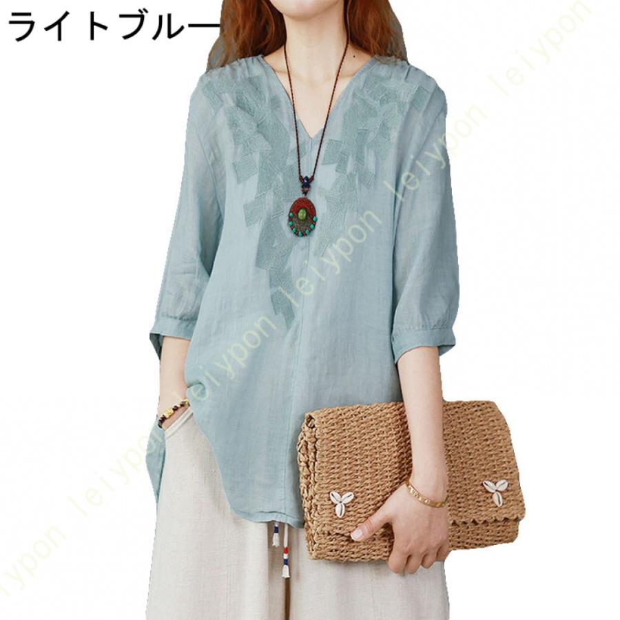 トップス レディース 半袖 Vネック ブラウス 綿麻 ゆったり Tシャツ 大きいサイズ カジュアル 花柄 夏服 プルオーバー チュニック 上着 シンプル お洒落 |  | 06