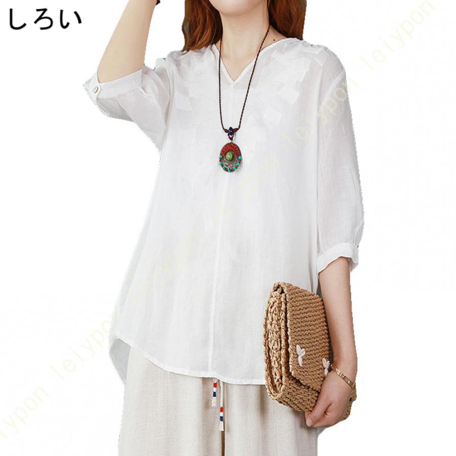 トップス レディース 半袖 Vネック ブラウス 綿麻 ゆったり Tシャツ 大きいサイズ カジュアル 花柄 夏服 プルオーバー チュニック 上着 シンプル お洒落 |  | 10