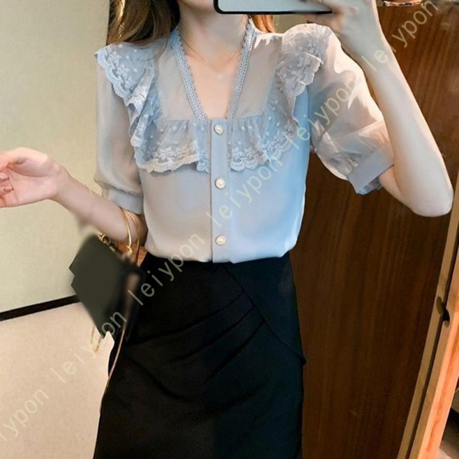 [AYBTO]ブラウス レディース シャツ 半袖 体型カバー 着痩せ 大人 可愛い 透け感 おしゃれ 透かし編み トップス キレイ プルオーバー 裏地付 通勤 デート