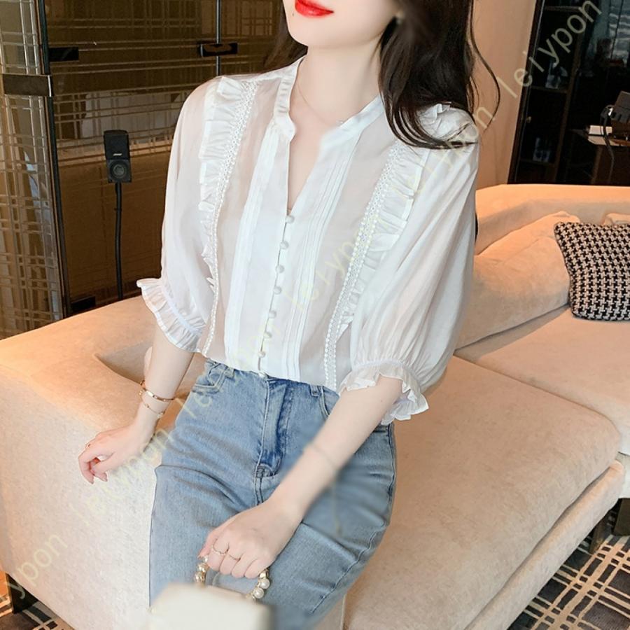 [AYBTO]ブラウス シャツ レディース 半袖 フリル 事務 シフォン ワイシャツ 女性 五分袖 オフィス 無地 トップス おしゃれ 通学 大きいサイズ シフォンシャツ