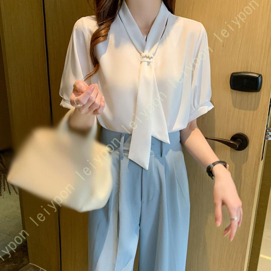 [AYBTO]リボンブラウス ブラウス レディース 半袖 オフィス リボン シャツ トップス シフォンシャツ シンプル シフォン ブラウス フォーマル リボン