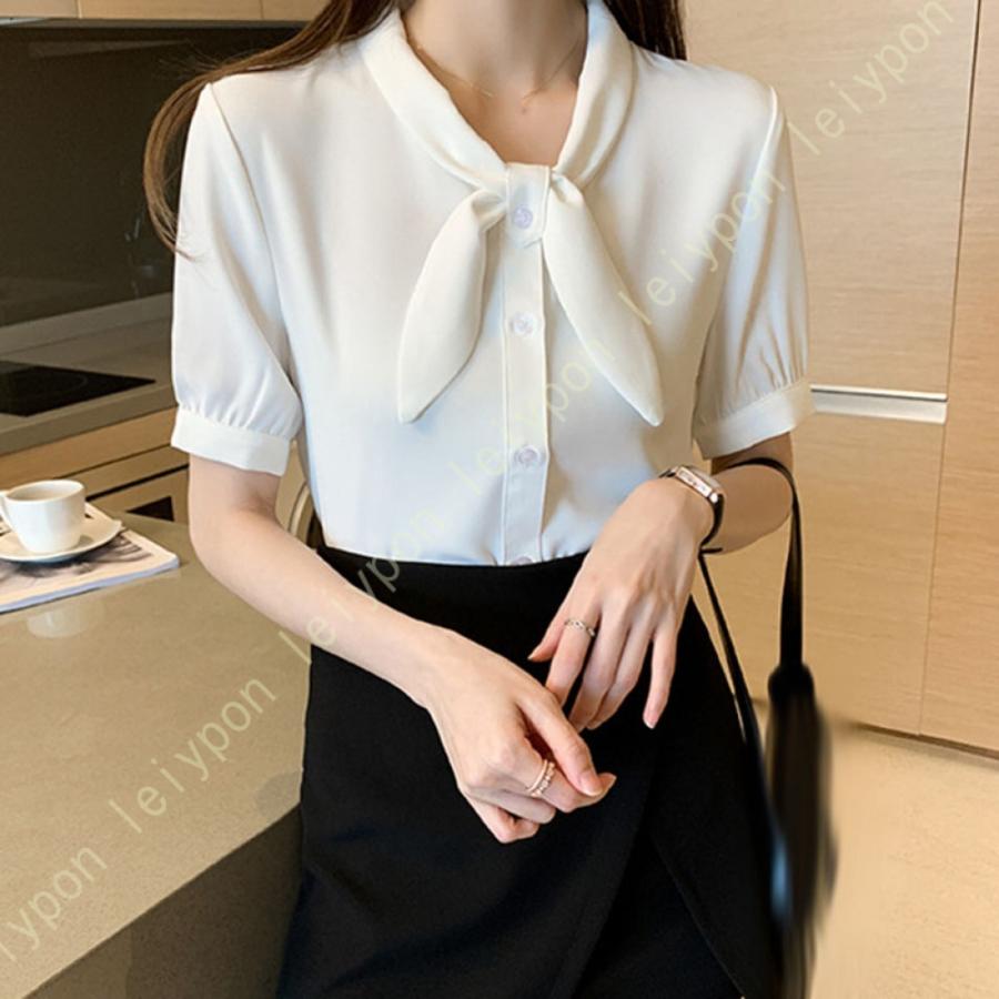 [AYBTO]リボンブラウス ブラウス 半袖 レディース オフィス Vネック ゆったり 薄手 Vネック ボウタイ ワイシャツ リボン バルーン袖 お洒落 Vネック