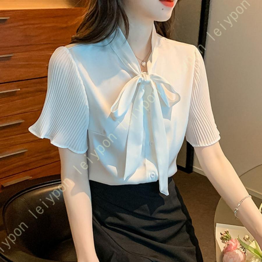 [AYBTO]トップス ブラウス 半袖 レディース フェミニン パフスリーブ リボン シャツ ワイシャツ 蝶結び ビジネス シフォンシャツ リボンブラウス 甘めブラウス