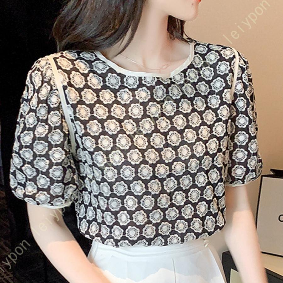 [AYBTO]総レース ブラウス 半袖 クルーネック オフィス レースブラウス 透け 透かし編み クラシカル 夏服 トップス おしゃれ 刺繍ブラウス きれいめ OL