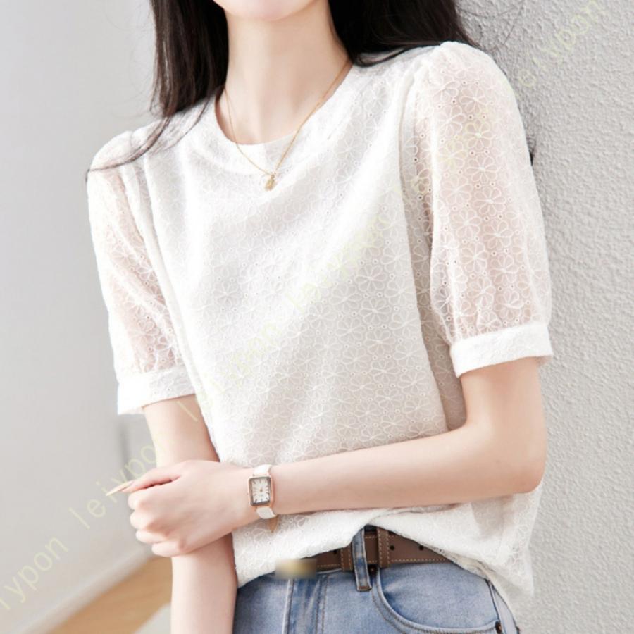 [AYBTO]ブラウス 半袖レディース vネック 半袖 トップス 大きいサイズ 薄手 可愛い 透かし彫り バルーンスリーブ ブラウス バルーン袖 とろみ シャツブラウス