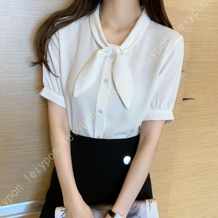 シフォン ブラウス ボウタイ リボン フレア スリーブ レディース シャツ 半袖 胸元パール おしゃれ オフィス きれいめ 着痩せ 上品 ファッション オフィス