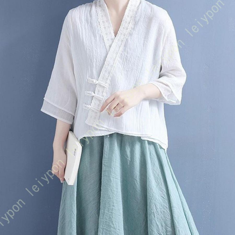 レディース ブラウス 綿麻 中国服 チャイナ服 トップス チャイナシャツ チャイナ服 チャイナシャツ 綿麻 半袖 茶道服 柔らかい な服装 通勤 OL デート