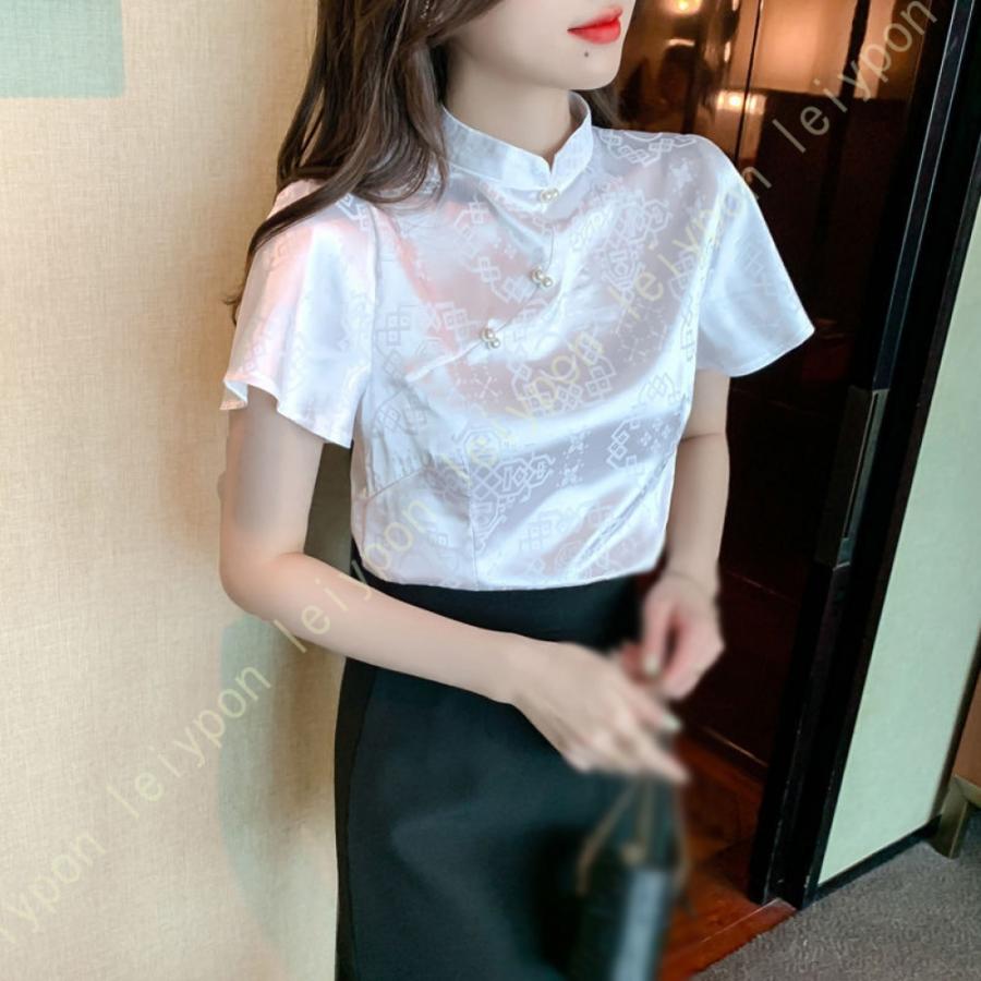 シャツ 花柄 チャイナ風 ゆったり 立ち襟 太極拳服 レディース トップス ブラウス エレガント オフィス カジュアル ファッション 通勤 普段着 薄手 Tシャツ