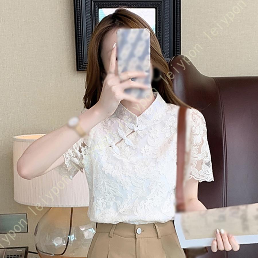 チャイナ風 レースブラウス ブラウス レディース 大きいサイズ 半袖 立ち襟 茶服 刺繍 花柄 太極拳服 綿麻 中国風 中華風 レーストップス エレガント かわいい