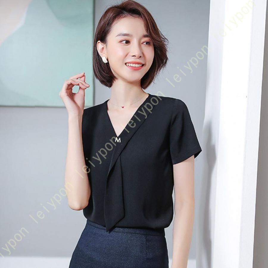 レディース ブラウス シャツ 夏 トップス シフォン オフィス Vネック 半袖 フォーマル パフスリーブ tシャツ シンプル 通勤 OL カジュアル フォーマル 通学