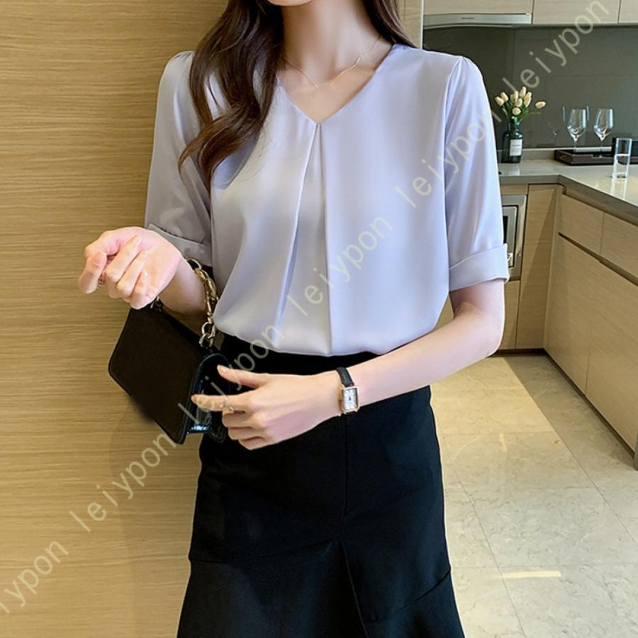 ブラウス レディース 夏 半袖 オフィス ブラウス シャツ Vネック パフスリーブ シフォン オフィス ビジネス 通勤 洗える 夏 OL 夏 フォーマル オフィス