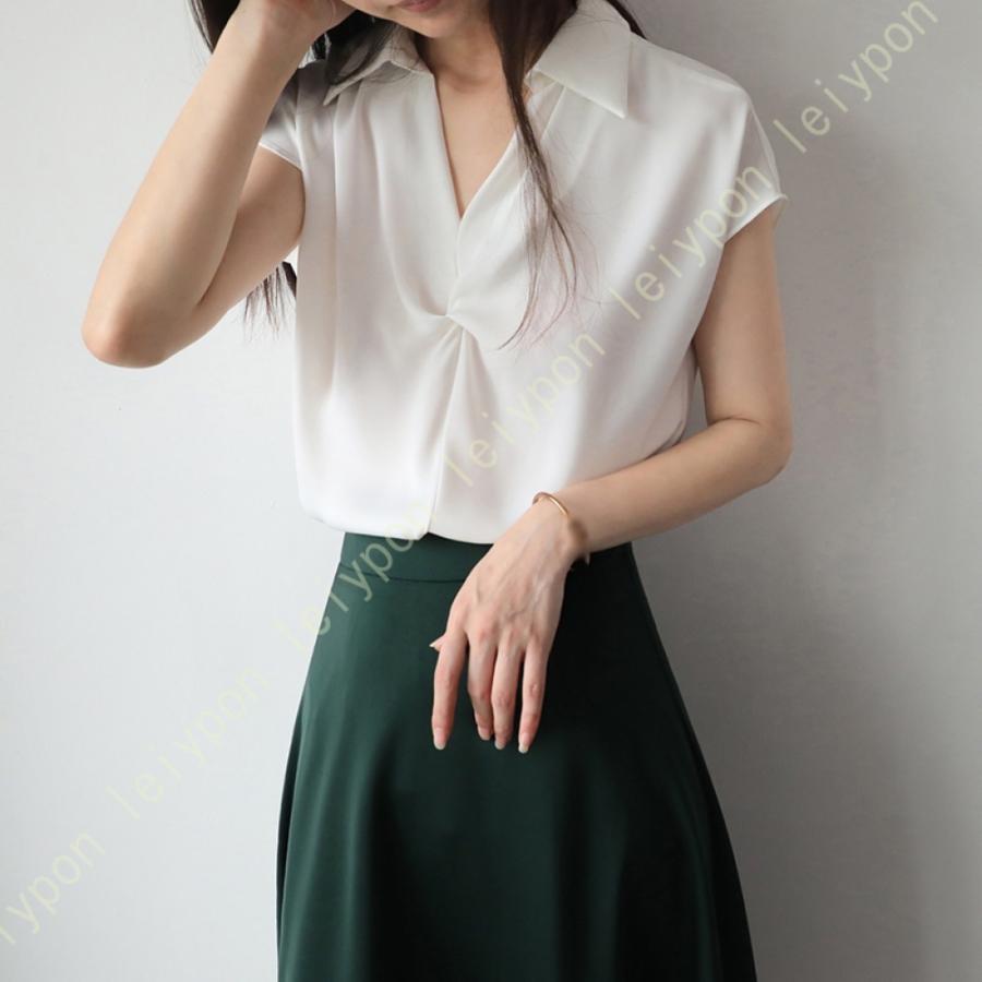 [AYBTO]ブラウス 白シャツ レディース 半袖 タック おしゃれ シフォン シフォンシャツ ワイシャツ オフィス 上品 清楚 フロント パフスリーブブラウス 落ち感