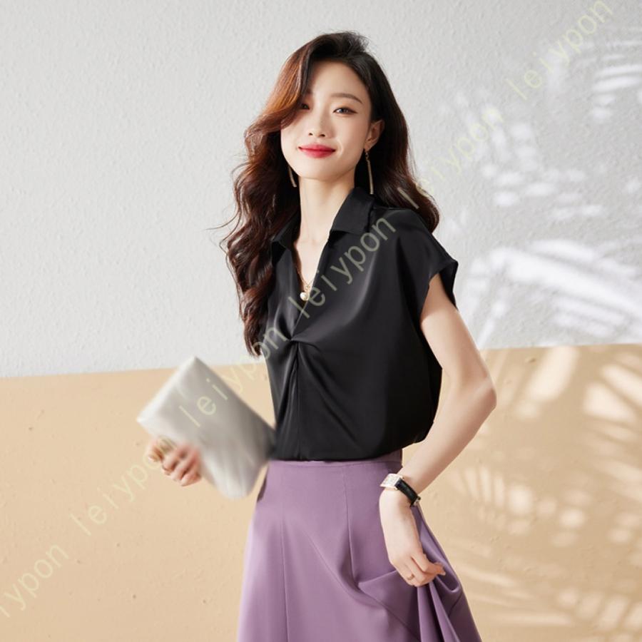 [AYBTO]シャツ ブラウス タック レディース 半袖 大きいサイズ 襟付 カットソー トップス 事務服 夏服 ホワイトシャツ 着痩せ シフォン カジュアル 普段着