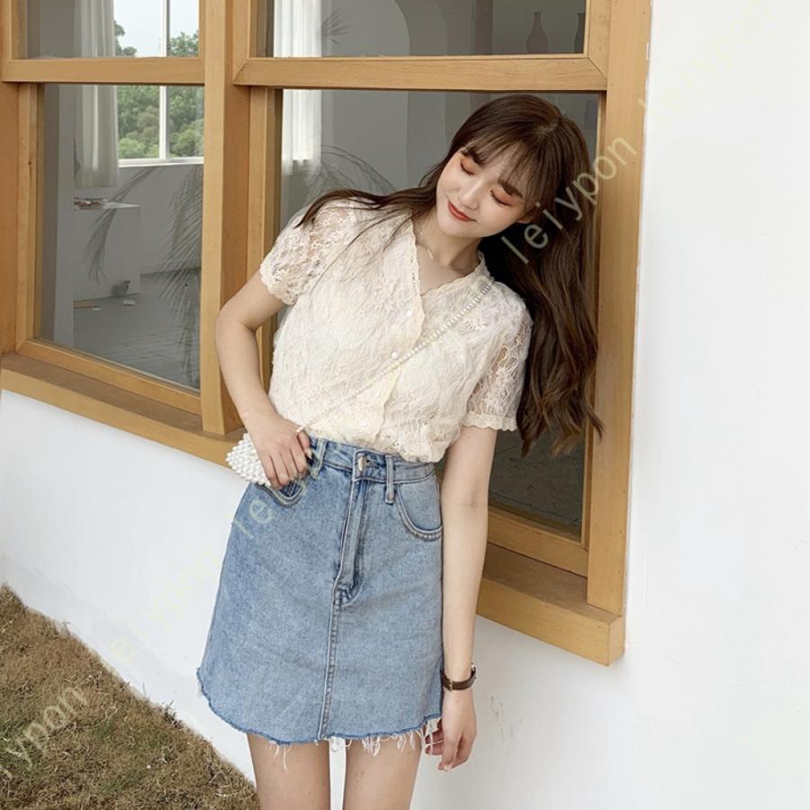 [AYBTO]ブラウス レディース 半袖 夏 ワイシャツ レース トップス 光沢感 無地 vネック シャツ レースブラウス 夏服 春 透かし編み 洗える シフォン