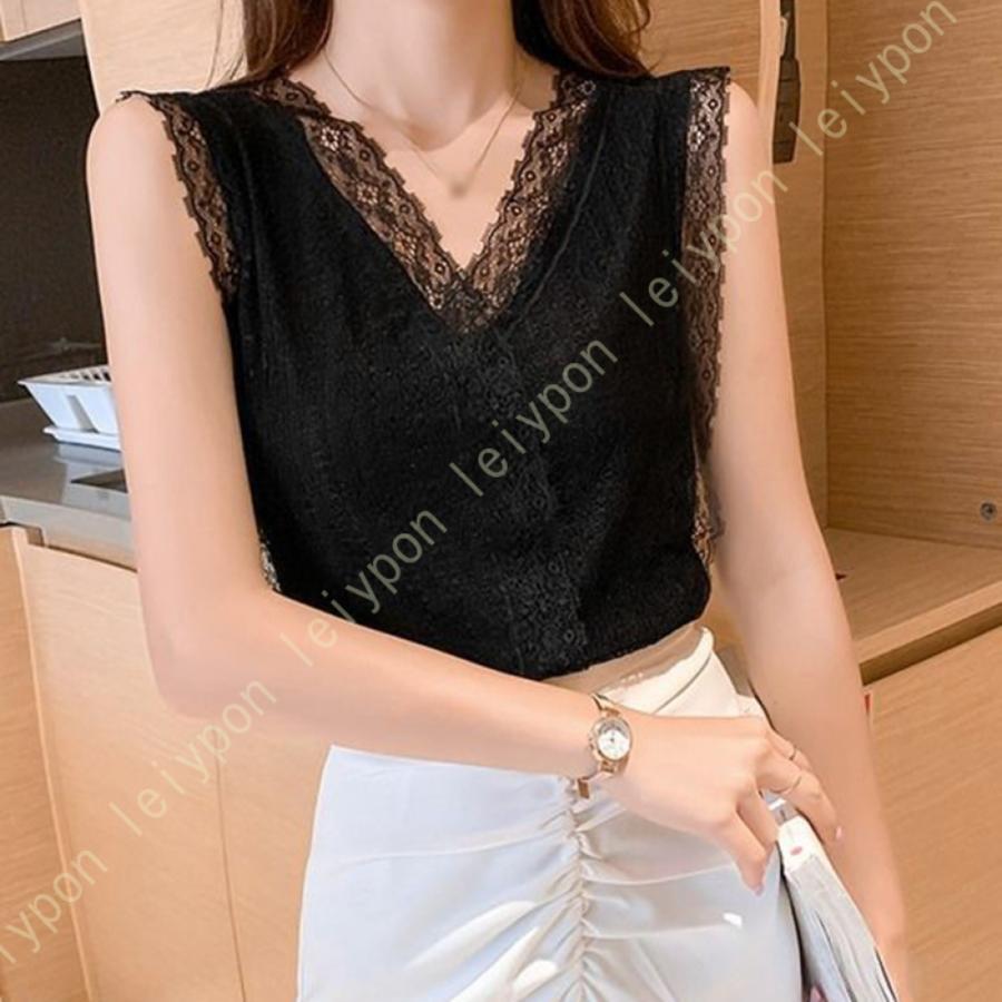 [AYBTO]レース ノースリーブ シフォン ブラウス シャツ レディース トップス 夏 おしゃれ 可愛い 着痩せ vネック ノースリーブ オフィス カジュアル