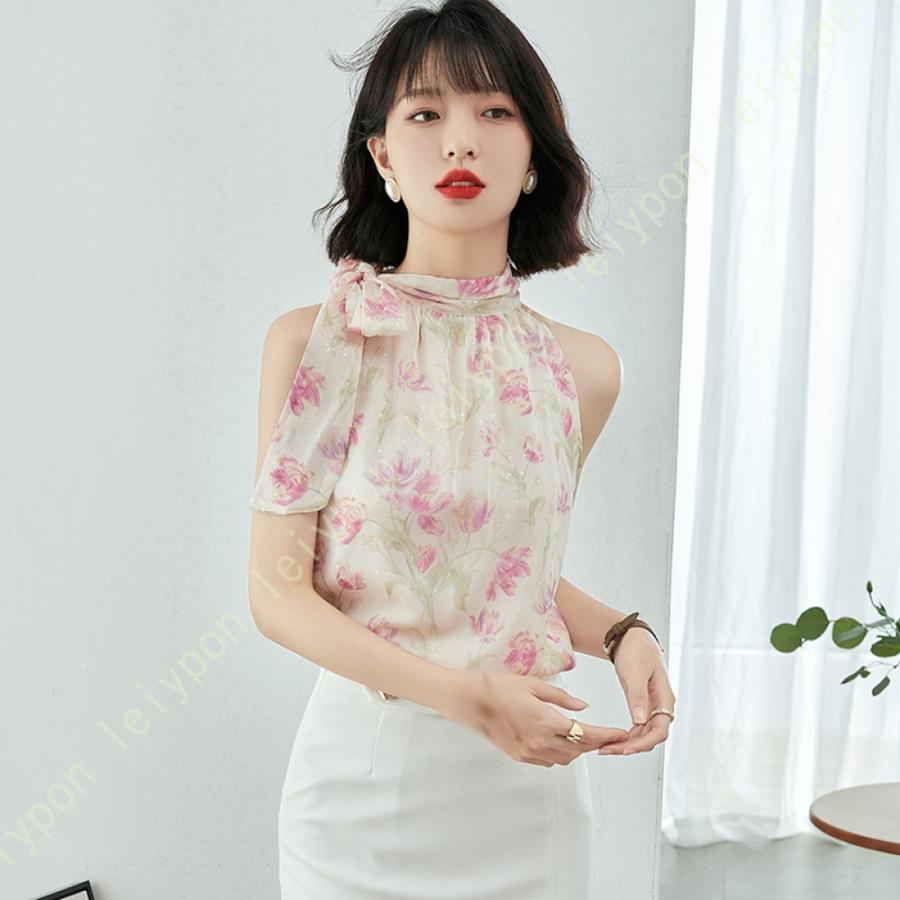 [AYBTO]リボンブラウス レディース ブラウス Vネック とろみブラウス おしゃれ オフィス カジュアル シフォンブラウス 春服 シフォンシャツ ノースリーブ