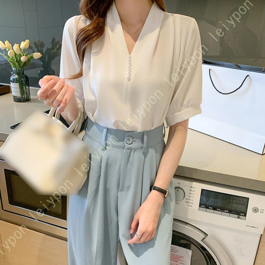 レディース シャツ ブラウス シフォン オフィス 半袖 Vネック きれいめ プルオーバー パフスリーブ シフォンブラウス 無地 エレガント フォーマル OL トップス