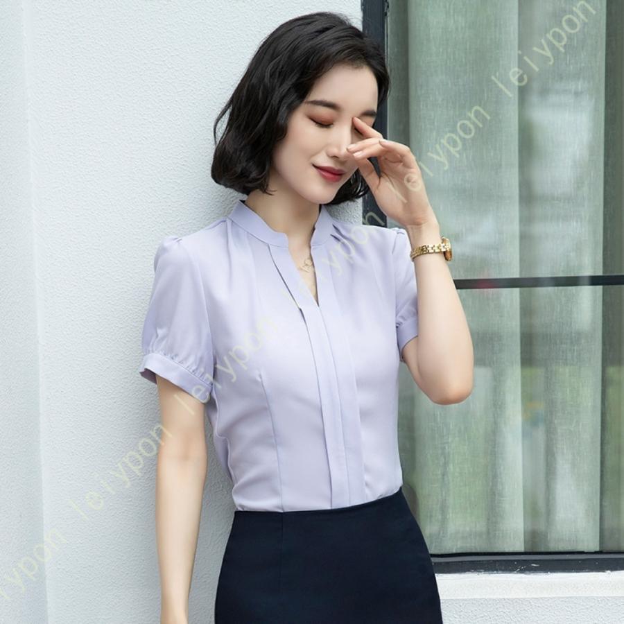 シフォンブラウス ブラウス オフィス シャツ Ｖネック シフォン 夏 半袖 無地 レディース 着痩せ トップス 女性用 カジュアル 普段着 通勤 OL 夏 オフィス