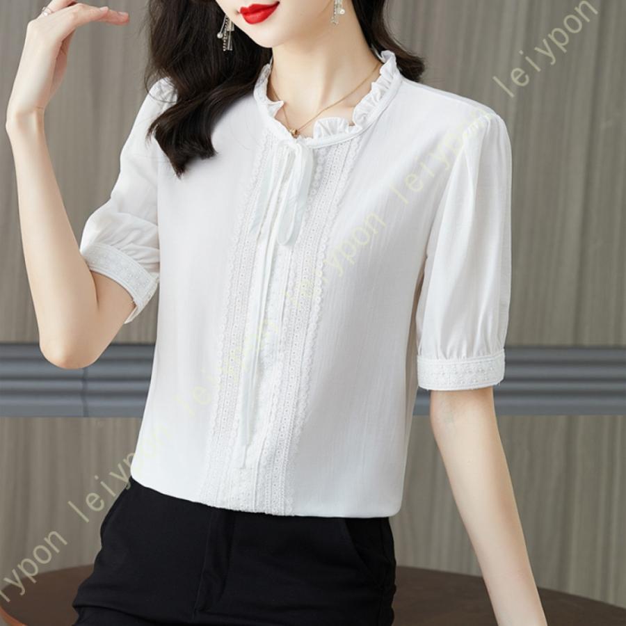 リボンブラウス ブラウス 夏 オフィス シフォン シフォンシャツ 落ち感 半袖 トップス ワイシャツ フリル シンプル シフォン エレガント 優雅 薄手 通勤