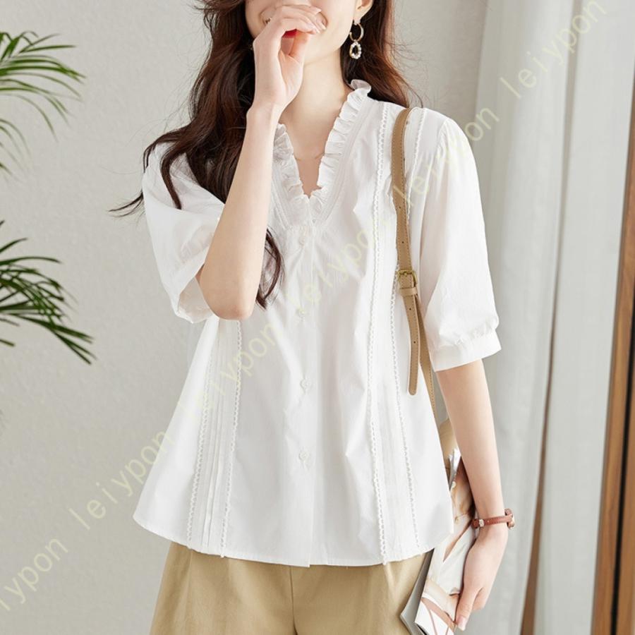tシャツ ブラウス 夏 レディース vネック オフィス シフオンブラウス プリーツ レディースファッション エレガント シャツ カジュアル トップス 着痩せ