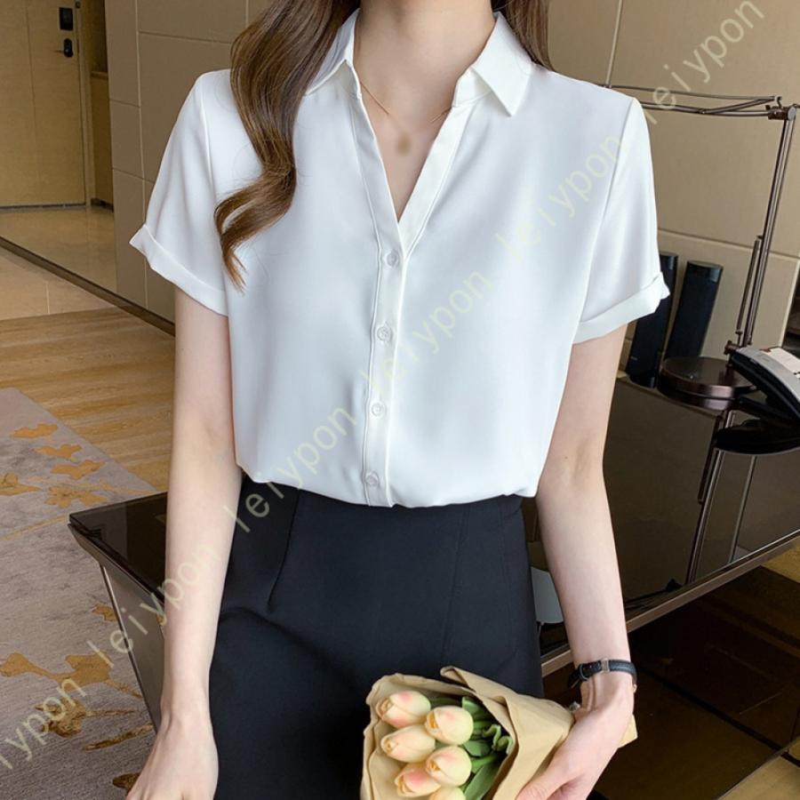 シャツ ブラウス レディース 半袖 大きいサイズ 襟付 カットソー トップス 事務服 夏服 ホワイトシャツ 着痩せ シフォン カジュアル 普段着 通勤 フォーマル