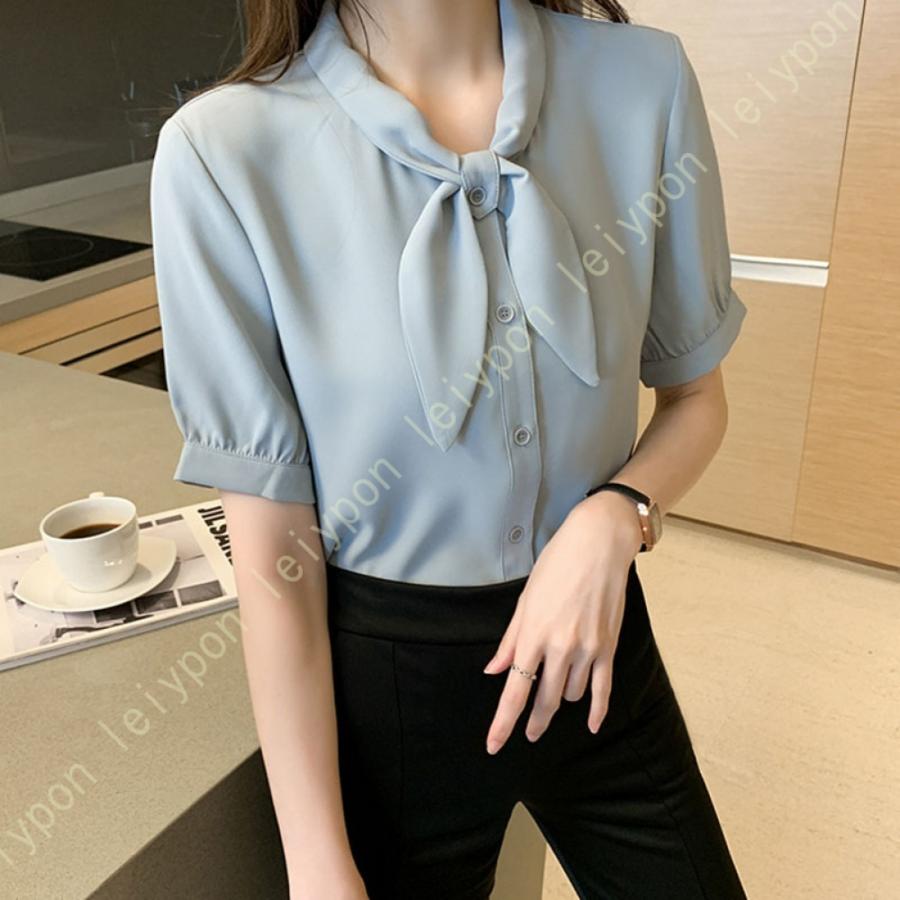 [AYBTO]ブラウス レディース 春 半袖 リボン パフスリーブ Ｖネック シフォン ボウタイ フリル シャツ トップス ワイシャツ 無地 パフスリーブ Ｖネック