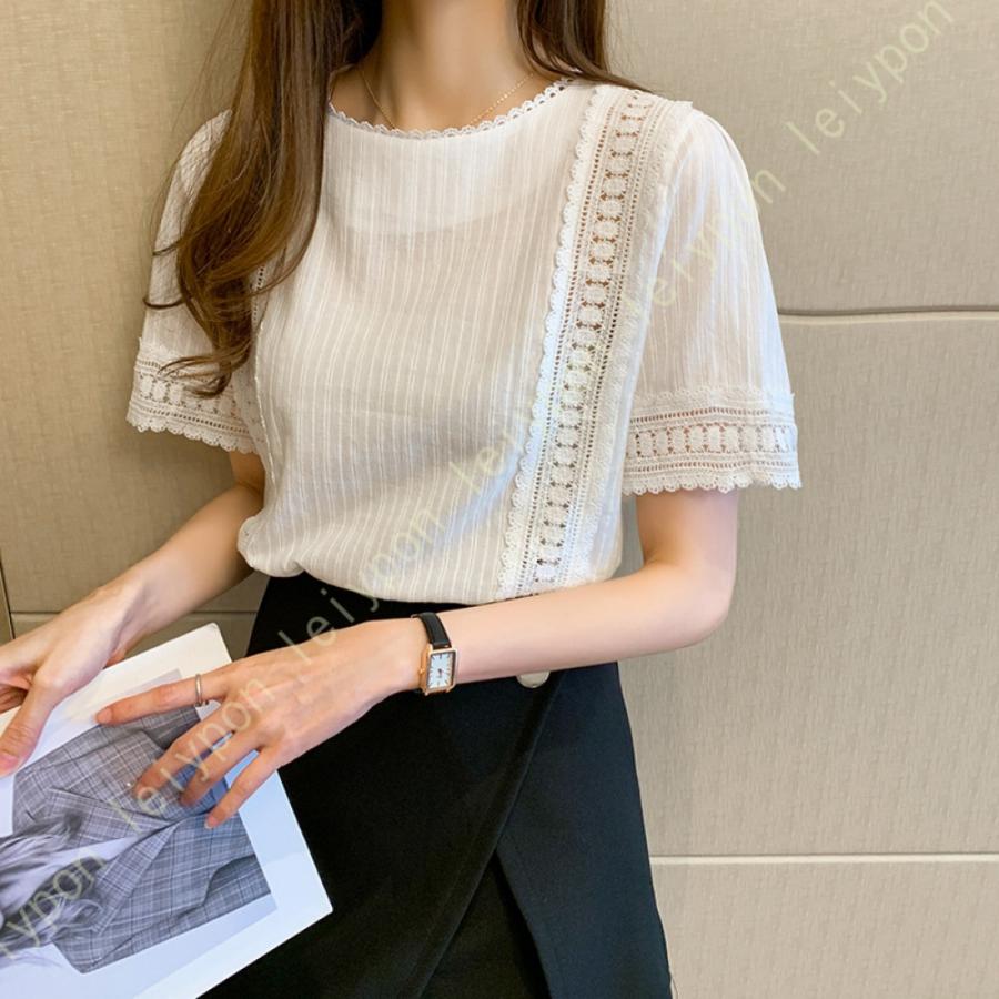 [AYBTO]レース ブラウス トップス レディース 半袖 シャツ 白 韓国 かわいい 半袖 Uネック コットン 薄手 ゆったり 刺繍 小花 おしゃれ バルーンスリーブ