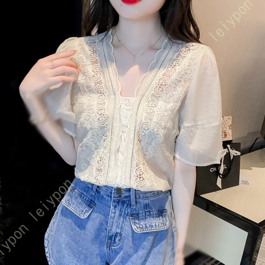 [AYBTO]ブラウス シャツ レディース 春 夏 vネック トップス レース おしゃれ チュール 半袖 パフスリーブ シンプル 花柄 通勤 OL フォーマル 通学 きれいめ