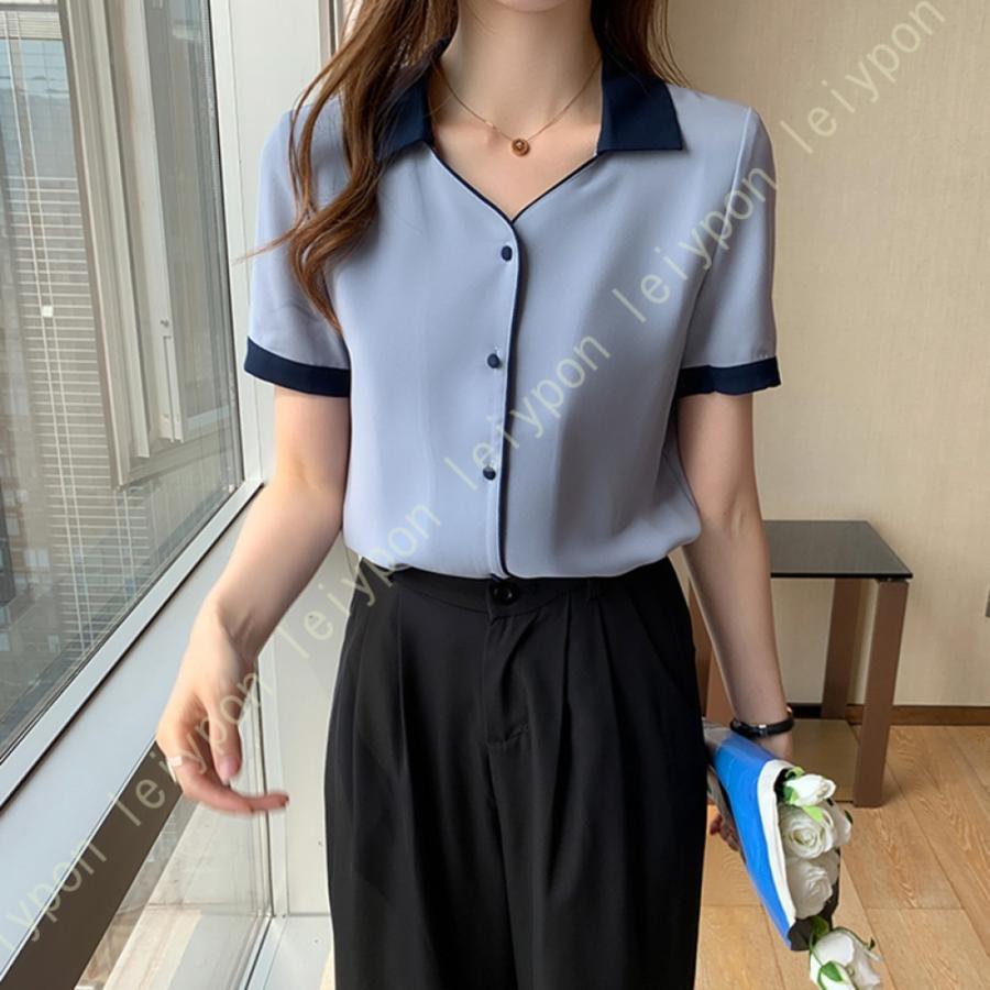 ブラウス 白シャツ レディース 半袖 おしゃれ シフォン ポロ シフォンシャツ ワイシャツ オフィス 上品 清楚 ノーアイロン パフスリーブブラウス 落ち感 魅力