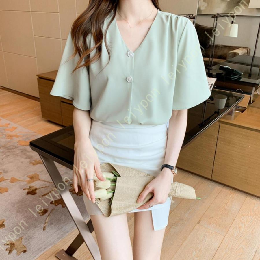 半袖ブラウス オフィス 夏 トップス tシャツ vネック 夏 オフィス レディース 落ち感 魅力 お洒落 プルオーバー 無地 エレガント 通勤 デート お出掛け 夏