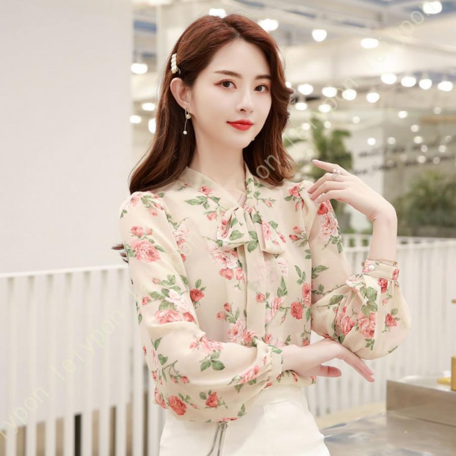 ブラウス 長袖 トップス 花柄 シャツ フリル 七分袖 オフィス Vネック