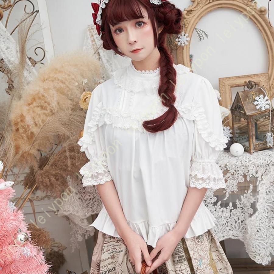 ロリータブラウス ブラウス シャツ レディース 夏 半袖 姫袖 黒 フリル レースブラウス トップス ハイネック 半袖 上品 お洒落 キレイめ 着痩せ 無地 姫袖