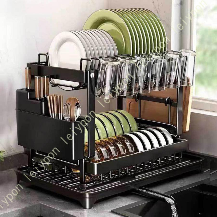 新品大容量2段式水切りラック - 自動排水、耐久性のあるスチール製