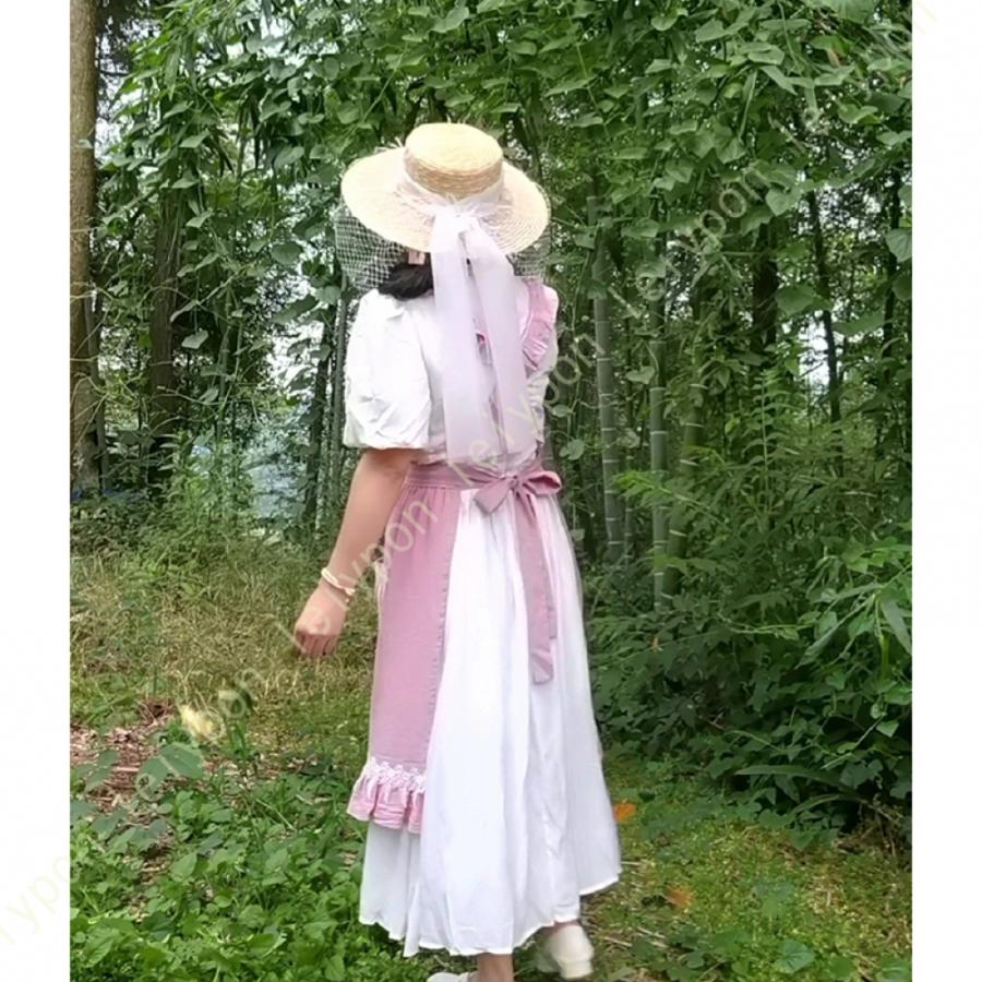 エプロン 花柄刺繍 レース フリル 付き フリーサイズ ロング エプロン 花柄刺繍 レース フリル 付き フリーサイズ ロング