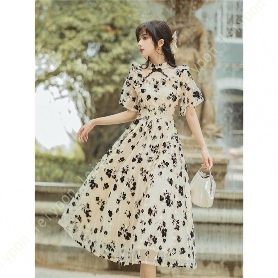 チャイナ ドレス 花柄 半袖 マキシ丈 ロング 中華風 パーティー ワンピース フリル ワンピ チャイナドレス シースルー 結婚式 チーパオ 薄手パーティードレス